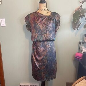 Marina Womens Artsy Abstract Asymmetric Neck Blouson Dress Multi Dark‎ Size 4